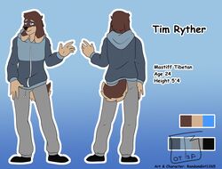  anthro blue_background blue_eyes bottomwear brown_body brown_fur canid canine canis character_name clothing color_swatch domestic_dog front_and_back fur grey_bottomwear grey_clothing grey_pants hoodie livestock_guardian_dog male mammal model_sheet molosser mountain_dog pants pastoral_dog raised_hand randomgirl1265 simple_background solo standing tail tibetan_mountain_dog tim_ryther topwear two_tone_tail 