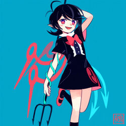  antenna_hair asymmetrical_wings black_dress black_hair black_socks blue_background blue_wings bow bowtie dress female hand_up holding holding_polearm holding_weapon houjuu_nue looking_at_viewer mary_janes medium_hair mismatched_wings open_mouth polearm red_bow red_bowtie red_eyes red_footwear red_wings shoes short_sleeves smile snake socks solo standing standing_on_one_leg tomoe_(symbol) touhou trident weapon wings you_taira 