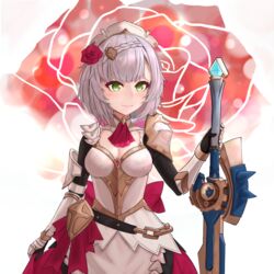  armor armored_dress blush breasts cleavage female flower gauntlets genshin_impact green_eyes grey_hair hair_flower hair_ornament highres holding holding_sword holding_weapon large_breasts looking_at_viewer maid_headdress muchii_(yandere777) noelle_(genshin_impact) pauldrons red_flower red_rose rose short_hair shoulder_armor solo sword weapon whiteblind_(genshin_impact) 