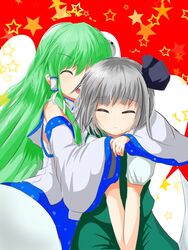  2girls bare_shoulders black_bow black_hairband blue_skirt bow closed_eyes closed_mouth collared_shirt commentary_request detached_sleeves frog_hair_ornament green_hair green_skirt green_vest grey_hair hair_ornament hair_tubes hairband hairbow hakuda32 highres hug hug_from_behind jpeg_artifacts kochiya_sanae konpaku_youmu konpaku_youmu_(ghost) long_hair multiple_girls open_mouth red_background shirt short_hair short_sleeves skirt sleeveless sleeveless_shirt smile snake_hair_ornament star_(symbol) touhou two-tone_shirt vest white_shirt 