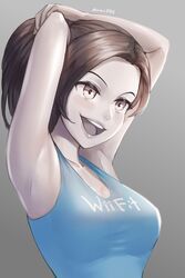  :d absurdres armpits arms_up artist_name awan0918 blue_shirt blue_tank_top blush breasts cleavage clothes_writing collarbone colored_skin commentary copyright_name female forehead gradient_background grey_background grey_eyes grey_hair grey_tongue highres long_hair medium_breasts open_mouth pale_skin ponytail shirt short_hair signature simple_background sleeveless smile solo sportswear tank_top teeth upper_body upper_teeth_only white_skin wii_fit wii_fit_trainer wii_fit_trainer_(female) 