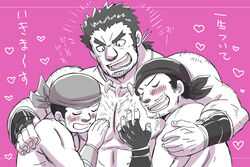  3boys :d annotated bara bhuj_(f-kare) blush boy_sandwich chest_hair dane_(f-kare) face_to_pecs facial_hair galahad_(f-kare) goatee grabbing hand_on_another&#039;s_chest hand_on_another&#039;s_shoulder head_scarf heart highres large_pectorals long_sideburns mahiro_(mahirorei) male_focus mature_male monochrome multiple_boys muscular muscular_male nude partially_translated pectoral_grab pectorals pink_background pink_theme sandwiched short_hair shoukan_yuusha_to_f-kei_kareshi sideburns smile stubble thick_eyebrows tied_hair translation_request yaoi 