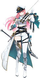  alternate_costume blunt_bangs collaboration epaulettes female gloves hat headgear holding holding_sword holding_weapon hololive hololive_english jhc_kai long_hair military military_hat military_uniform mori_calliope naval_uniform navy peaked_cap pink_hair red_eyes scabbard sheath sheathed solo straight_hair sword uniform unsheathed virtual_youtuber weapon 