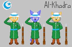  2019 alvidz anthro camelid clothed clothing digital_media_(artwork) domestic_cat felid feline felis fully_clothed group human lineup llama looking_at_viewer male mammal military pixel_(artwork) robe simple_background smile soldier trio uniform warrior weapon 