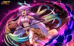  300_heroes angel_wings breasts bridal_gauntlets crop_top evil_smile feathered_wings female gloves gradient_hair halo holding holding_scythe holding_weapon jibril_(no_game_no_life) large_breasts long_hair low_wings magic_circle midriff mismatched_legwear multicolored multicolored_eyes multicolored_hair navel no_game_no_life open_mouth orange_eyes pink_hair scythe sideboob smile solo tattoo very_long_hair weapon white_wings wing_ears wings yellow_eyes yue_xiao_e 