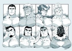  6+boys aegir_(housamo) animal_hood bara bare_pectorals blush boar_boy boar_hood body_fur broken_horn chest_hair closed_eyes cross_scar demon_boy demon_horns eyewear_on_head facial_hair fiery_horns fire forked_eyebrows glasses goatee gullinbursti_(housamo) hachimaki headband helmet highres hogen_(housamo) hood horns houzouin_oniwaka jewelry large_pectorals long_sideburns male_focus monochrome multiple_boys muscular muscular_male necklace nipples oerba_yun_fang one_eye_closed pectoral_focus pectorals rybiok scar scar_on_face scar_on_forehead short_hair sideburns smirk stubble surtr_(housamo) sweatdrop tajikarao_(housamo) takemaru_(housamo) thick_chest_hair thick_eyebrows tokyo_afterschool_summoners tusks zabaniyya_(housamo) 