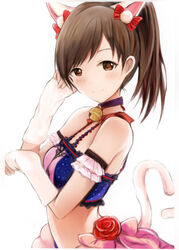  animal_ears armband bare_shoulders bell blush bow breasts brown_eyes brown_hair cat_ears cat_tail collar commentary_request cosplay crop_top detached_sleeves female flower frills hairbow high_ponytail idolmaster idolmaster_cinderella_girls looking_at_viewer maekawa_miku maekawa_miku_(cosplay) medium_breasts nannacy7 neck_bell nitta_minami parted_bangs pink_bow red_bow rose simple_background smile solo tail upper_body white_background 