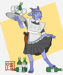  2019 5:6 accessory alcohol alvidz anthro beverage blue_body blue_hair blue_skin bottomwear bow_accessory bow_ribbon clothed clothing container cup digital_media_(artwork) drinking_glass female fully_clothed fur glass glass_container glass_cup green_eyes gun hair hair_accessory hair_ribbon hairbow hi_res holding_bottomwear holding_clothing holding_object holding_skirt holster holstered_pistol hooves horn looking_at_viewer maid_uniform mammal ranged_weapon ribbons simple_background skirt smile solo unguligrade unguligrade_anthro uniform weapon wine wine_bottle wine_glass 