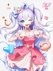  +_+ :d ;d absurdres blue_eyes cake demon_girl demon_tail doughnut dress elsword fangs female food fruit glint hair_between_eyes heart highres idol korean_text long_hair long_sleeves looking_at_viewer luciela_r._sourcream macaron mega_cake microphone one_eye_closed open_mouth photoshop_(medium) pointy_ears ppower_(lu_power) purple_hair simple_background smile solo sparkle sprinkles strawberry tail teeth two_side_up very_long_hair white_background 