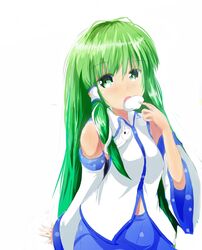  arm_support bare_shoulders blue_skirt collared_shirt commentary_request detached_sleeves dress_shirt eating female green_eyes green_hair hair_ornament hair_tubes hakuda32 highres kochiya_sanae long_hair open_mouth shirt simple_background sitting skirt sleeveless sleeveless_shirt snake_hair_ornament solo touhou two-tone_shirt very_long_hair white_background white_shirt 