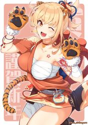  animal_ears animal_hands arm_tattoo bandaged_arm bandaged_leg bandages bare_shoulders black_gloves blonde_hair blush breasts chest_tattoo chinese_zodiac choker cleavage collarbone fake_animal_ears female fingerless_gloves flower_tattoo fue_(rhomphair) genshin_impact gloves hair_ornament highres japanese_clothes kimono large_breasts long_hair long_sleeves looking_at_viewer obi one_eye_closed open_mouth orange_kimono paw_gloves ponytail sarashi sash smile solo tattoo thighs tiger_ears wide_sleeves year_of_the_tiger yellow_eyes yoimiya_(genshin_impact) 