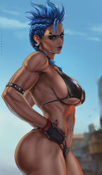  armlet bare_shoulders bikini black_bikini black_gloves blue_hair blurry blurry_background braid breasts cowboy_shot dandon_fuga earrings female fingerless_gloves from_side gloves highres jewelry junker_queen_(overwatch) medium_breasts mohawk muscular muscular_female overwatch overwatch_2 piercing red_eyes sideboob solo spiked_armlet swimsuit tan underboob 