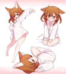  :o absurdres ahoge animal_ear_fluff animal_ears babalilo barefoot blush brown_eyes brown_hair clenched_hands dress_shirt female flat_chest full_body hair_between_eyes hair_ornament hairclip highres long_sleeves looking_at_viewer lying medium_hair multiple_views naked_shirt nervous no_pants oerba_yun_fang on_back open_mouth original outstretched_arm oversized_clothes oversized_shirt seiza shirt simple_background sitting skin_fang sleeves_past_wrists standing two_side_up unbuttoned v-shaped_eyebrows white_shirt 