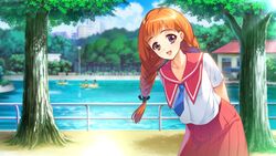  :d arms_behind_back black_ribbon blue_neckwear blurry blurry_background braid brown_eyes collared_shirt day doukyuusei female game_cg hair_ribbon highres lake leaning_to_the_side long_hair looking_at_viewer nishina_kurumi open_mouth orange_hair outdoors pleated_skirt red_sailor_collar red_skirt ribbon sailor_collar sailor_shirt school_uniform serafuku shirt skirt smile solo standing sumeragi_kohaku sunlight tree twin_braids white_shirt 