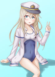  alternate_costume anti_(untea9) aqua_background blonde_hair blush breasts collared_shirt cowboy_shot female gradient_background green_eyes hair_between_eyes hat high_school_fleet highres jacket jewelry kantai_collection long_hair looking_at_viewer new_school_swimsuit open_clothes open_jacket open_mouth peaked_cap ring school_swimsuit shirt sitting small_breasts smile solo swimsuit swimsuit_under_clothes twitter_username u-511_(kancolle) v wedding_ring white_jacket yokosuka_girls_marine_high_school_swimsuit 