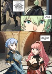  1boy 2girls blue_hair byleth_(fire_emblem) byleth_(fire_emblem)_(male) comic dress earrings english_text fire_emblem fire_emblem:_three_houses green_eyes green_hair heart-shaped_pupils heart_eyes hearts_in_eyes hilda_valentine_goneril kinkymation marianne_von_edmund pink_eyes pink_hair wholesome 