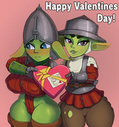  2girls armor blue_eyes breastplate chocolate clothed clothing cranihum female female_only goblin goblin_female green_skin happy helmet holidays leotard lips looking_at_viewer nervous nipple_bulge original_character purple_eyes shortstack shy smile tani_(cranihum) thick_thighs thighs tight_clothing valentine&#039;s_day 