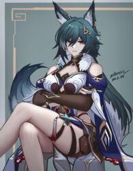  absurdres animal_ear_fluff animal_ears bare_legs bare_shoulders blue_hair breasts crossed_arms crossed_legs feet_out_of_frame female fox_ears fox_tail hair_between_eyes hair_ornament highres honkai:_star_rail honkai_(series) large_breasts long_hair looking_at_viewer purple_eyes silberein sitting smile solo tail thighs very_long_hair yukong_(honkai:_star_rail) 