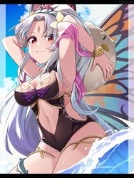  ball beachball black_one-piece_swimsuit breasts casual_one-piece_swimsuit commission feh_(fire_emblem_heroes) female fire_emblem fire_emblem_heroes green_hairband hairband highres kishiro_azuhito large_breasts looking_at_viewer official_alternate_costume one-piece_swimsuit plant plumeria_(fire_emblem) plumeria_(summer)_(fire_emblem) ponytail red_eyes skeb_commission solo swimsuit upper_body vines water white_hair 