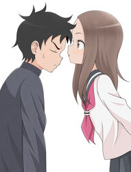  1boy absurdres bad_id bad_pixiv_id black_hair blue_sailor_collar blush brown_eyes brown_hair closed_eyes commentary_request female forehead highres ito_kashiwamochi karakai_jouzu_no_takagi-san long_hair neckerchief nishikata sailor_collar school_uniform serafuku simple_background skirt sweat takagi-san white_background 