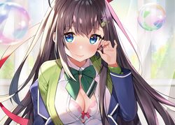  arm_up ayamy blue_eyes blush bow bowtie bra breasts brown_hair cleavage closed_mouth commentary_request earrings female green_bow green_bowtie hair_ornament hairclip highres jewelry large_breasts long_hair long_sleeves looking_at_viewer miyawaki_sana original pink_bra smile solo underwear upper_body 