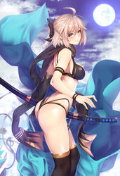  absurdres ahoge ass asymmetrical_gloves bare_back bare_shoulders bikini black_bikini black_bow black_gloves black_scarf black_thighhighs blonde_hair blush bow breasts closed_mouth commentary_request elbow_gloves fantia_reward fate/grand_order fate_(series) female full_moon gloves hair_between_eyes hairbow half_updo haori highleg highleg_bikini highres japanese_clothes katana layered_bikini looking_at_viewer midriff moon night night_sky ocean okita_j._souji_(fate) okita_j._souji_(first_ascension)_(fate) okita_souji_(fate) over-kneehighs paid_reward scarf sheath sidelocks single_elbow_glove single_glove sky smile standing swimsuit sword thigh_strap thighhighs thighs uneven_gloves water weapon wristband yellow_eyes zucchini 