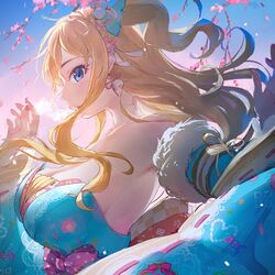  backlighting bare_shoulders blonde_hair blue_dress blue_eyes blush breasts cleavage dress female highres idolmaster idolmaster_cinderella_girls large_breasts long_hair looking_at_viewer ohtsuki_yui one_side_up open_mouth solo takeashiro wavy_hair 