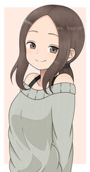  absurdres aged_up bad_id bad_pixiv_id bare_shoulders blush bra_strap brown_eyes brown_hair commentary female forehead highres ito_kashiwamochi karakai_jouzu_no_(moto)_takagi-san karakai_jouzu_no_takagi-san ponytail short_hair simple_background smile solo sweater takagi-san white_background 