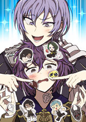  1boy bernadetta_von_varley caspar_von_bergliez commentary crest_of_indech death_knight_(fire_emblem) emoji felix_hugo_fraldarius female fire_emblem fire_emblem:_three_houses garreg_mach_monastery_uniform grey_eyes highres hubert_von_vestra kusodekablack linhardt_von_hevring open_mouth pleading_face_emoji purple_eyes purple_hair short_hair sticker symbol-only_commentary tearing_up uniform yuri_leclerc 