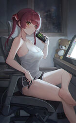  alternate_costume barefoot blush breasts can chair cleavage commentary_request crossed_legs female hair_ribbon heterochromia highres holding holding_can holding_stylus hololive houshou_marine indoors legs long_hair looking_at_viewer lunia medium_breasts monster_energy night red_eyes red_hair red_ribbon ribbon rilakkuma san-x short_hair sitting soles solo stuffed_animal stuffed_toy stylus teddy_bear thighs twintails virtual_youtuber window yellow_eyes 