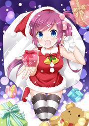  absurdres blue_eyes christmas commentary_request dress female foreshortening fur-trimmed_dress fur_trim gift hat highres little_busters! long_hair purple_hair red_dress red_hat sack saigusa_haruka santa_costume santa_hat side_ponytail sleeveless sleeveless_dress smile solo striped_clothes striped_thighhighs stuffed_animal stuffed_toy teddy_bear thighhighs yoshikita_popuri 