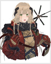  belt blonde_hair facial_tattoo female gloves green_eyes hair_between_eyes highres holding holding_belt jacket long_hair looking_at_viewer open_clothes open_jacket open_mouth original red_gloves red_jacket simple_background solo sutekina_awa tattoo white_background 