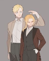  2boys ahoge alphonse_heiderich black_pants blonde_hair blue_eyes brown_coat closed_mouth coat collared_shirt conqueror_of_shambala edward_elric fullmetal_alchemist gloves grey_background height_difference jacket long_hair long_sleeves looking_at_another looking_to_the_side male_focus multiple_boys p0ckylo pants ponytail shirt simple_background standing upper_body white_gloves white_shirt yellow_eyes 