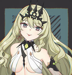  bare_shoulders black_border blue_background border breasts cleavage closed_mouth crown dress earrings female green_eyes green_hair highres honkai_(series) honkai_impact_3rd jewelry long_hair mobius_(honkai_impact) qian_xii see-through see-through_sleeves single_earring sleeveless sleeveless_dress smile solo tongue tongue_out wavy_hair 