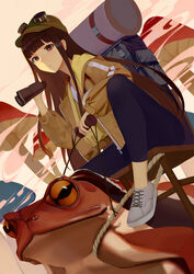  animal backpack bag binoculars blush brown_eyes brown_hair brown_jacket chair closed_mouth commentary dutch_angle fantasy female fog green_headwear grey_footwear highres hime_cut holding holding_binoculars italian_commentary jacket leggings long_hair long_sleeves looking_at_viewer mushroom ocarino open_clothes open_jacket original oversized_animal riding rope shoes sidelocks sitting solo straight_hair toad_(animal) unzipped very_long_hair zipper zipper_pull_tab 