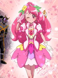  1boy 2020 black_pants blush choker clenched_hand closed_mouth commentary_request cowboy_shot crossover cure_grace earrings female flower gloves hair_bun hair_flower hair_ornament hanadera_nodoka healin&#039;_good_precure heart heart_hair_ornament helmet jewelry kamen_rider kamen_rider_555 kamen_rider_ghost_(series) kamen_rider_kaixa layered_skirt long_hair looking_at_viewer magical_girl one_eye_closed pants pink_background pink_choker pink_eyes pink_hair pink_skirt pink_theme precure puffy_sleeves salute single_hair_bun skirt smile standing tj-type1 voice_actor_connection white_gloves yurusen yuuki_aoi 