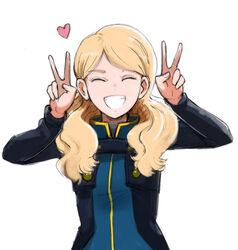  blonde_hair closed_eyes commentary_request double_v female flat_chest gacha-m grin gundam gundam_narrative heart long_hair long_sleeves rita_bernal simple_background smile solo upper_body v wavy_hair white_background 