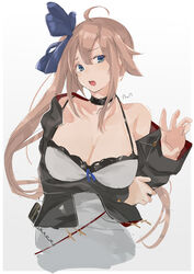  ahoge artist_name black_choker black_jacket blonde_hair blue_eyes blue_ribbon breasts choker cleavage collarbone crossed_arms dress_straps fal_(girls&#039;_frontline) female girls&#039;_frontline grey_background hair_ribbon hand_up highres huge_breasts jacket long_hair looking_at_viewer open_mouth ribbon solo sutekina_awa 