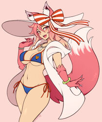  :d absurdres animal_ear_fluff animal_ears animal_hands artist_name bikini blue_bikini bow bracelet breasts claws cleavage commentary commission cosplay cowboy_shot ears_through_headwear english_commentary fate/grand_order fate_(series) female fox_ears fox_girl fox_tail fur groin hair_between_eyes halterneck hat highres jewelry large_hat long_hair looking_at_viewer monster_girl navel necklace oerba_yun_fang open_mouth original pink_background pink_fur pink_hair red_bow red_eyes side-tie_bikini_bottom simple_background smile solo string_bikini striped striped_bow sun_hat swimsuit tail tamamo_(fate) tamamo_no_mae_(swimsuit_lancer)_(fate) tamamo_no_mae_(swimsuit_lancer)_(fate)_(cosplay) tamamo_no_mae_(swimsuit_lancer)_(third_ascension)_(fate) the_scarlet_devil two-tone_bow white_bow white_hat 