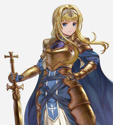  alice_zuberg armor armored_dress blonde_hair blue_cape blue_dress blue_eyes blue_gloves body_armor cape commentary_request dress ebinomi female frown gauntlets gloves gold_armor hairband hand_on_own_hip highres holding holding_sword holding_weapon knight lips long_hair looking_at_viewer osmanthus_blade shoulder_armor simple_background solo sword sword_art_online sword_art_online:_alicization very_long_hair weapon white_background 