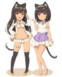  2girls :d animal_ears ankh anklet armlet bandeau bare_legs bastet_(sasaame) black_hair black_legwear breasts cat_ears cat_girl cat_tail collar commentary_request dress egyptian egyptian_cat_(sasaame) egyptian_clothes flats full_body hairband hand_on_own_hip hand_up headdress hood hood_down hooded_jacket jacket jewelry long_hair long_sleeves looking_at_viewer microskirt midriff multiple_girls navel open_clothes open_jacket open_mouth orange_eyes original parted_lips pleated_skirt purple_eyes sasaame short_dress short_hair simple_background skirt sleeveless sleeveless_dress small_breasts smile tail thighhighs thighlet usekh_collar v white_background white_dress white_jacket white_skirt 