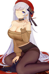  aran_sweater azur_lane bare_shoulders belfast_(azur_lane) belfast_(shopping_with_the_head_maid)_(azur_lane) beret black_ribbon blue_eyes breasts brown_pantyhose brown_sweater cable_knit choker cleavage collarbone commentary earrings female hat high-waist_pantyhose highres hoop_earrings jewelry large_breasts long_hair long_sleeves looking_at_viewer nail_polish no_pants ocarino off-shoulder_sweater off_shoulder official_alternate_costume one_eye_closed panties panties_under_pantyhose pantyhose red_hat ribbon simple_background smile solo sweater thighband_pantyhose underwear very_long_hair white_background white_hair 