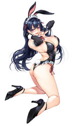  animal_ears ass black_footwear black_gloves black_leotard blue_hair blush breasts dark_blue_hair elbow_gloves female from_behind full_body gloves hands_in_hair high_heels highres kneeling large_breasts leotard long_hair looking_at_viewer maid_headdress original parted_lips playboy_bunny purple_eyes rabbit_ears simple_background smile solo thighs warabino_matsuri white_background white_headwear wrist_cuffs 