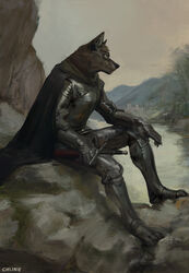  2022 3_toes 5_fingers adobe_photoshop_(artwork) anthro armor black_armor black_cape black_clothing brown_body brown_eyes brown_fur canid canine canis cape chunie claws clothed clothing detailed_background digital_media_(artwork) digital_painting_(artwork) feet finger_claws fingers footwear fully_clothed fur furgonomic_footwear furgonomics grey_body grey_fur hi_res holding_object knight looking_aside looking_away male mammal melee_weapon outside plant red_scabbard river rock scabbard sheathed_sword sheathed_weapon side_view sitting solo sword toe_claws toeless_footwear toes warrior water weapon white_body white_fur wolf 