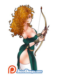  arrow_(projectile) bare_shoulders bow_(weapon) brave_(pixar) breasts cleavage curly_hair dress female green_dress hands_up highres jago_dibuja large_breasts long_hair merida_(brave) orange_hair patreon_logo photoshop_(medium) profile side_slit simple_background solo thighhighs watermark weapon web_address white_background white_thighhighs 