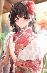  amyu_(amm_asl_pa) black_hair blurry blurry_background blush depth_of_field female floral_print flower frilled_kimono frills fur-trimmed_kimono fur_trim furisode hair_flower hair_ornament highres idolmaster idolmaster_shiny_colors japanese_clothes kimono light_smile looking_at_viewer mayuzumi_fuyuko obi outdoors own_hands_together pink_kimono praying print_kimono sash solo two_side_up upper_body 