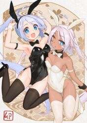  2girls :d :o ahoge alternate_costume animal_ears arm_strap arms_up azur_lane bare_shoulders black_bow black_bowtie black_footwear black_leotard black_thighhighs blue_eyes bow bowtie breasts chinese_zodiac cleavage collarbone commentary_request covered_navel dark-skinned_female dark_skin detached_collar facepaint fake_animal_ears fake_tail grey_hair groin hair_between_eyes heart heart-shaped_pupils heart_ahoge heterochromia high_heels highleg highleg_leotard highres indianapolis_(azur_lane) leotard long_hair looking_at_viewer medium_breasts multiple_girls oerba_yun_fang open_mouth playboy_bunny portland_(azur_lane) rabbit_ears rabbit_pose rabbit_tail side_ponytail sidelocks skin_fang skindentation small_breasts smile strapless strapless_leotard symbol-shaped_pupils tail thighhighs traditional_bowtie very_long_hair white_bow white_bowtie white_leotard white_thighhighs wrist_cuffs year_of_the_rabbit yellow_eyes yohia 