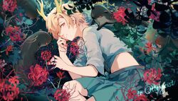  antlers blonde_hair blue_shirt blue_skirt blurry commission depth_of_field dragon_horns female fingernails flower highres horns kagari6496 kicchou_yachie lying midriff nail_polish navel on_side otter_spirit_(touhou) outdoors parted_lips red_eyes red_flower red_nails sharp_fingernails shirt short_hair skirt solo spider_lily touhou turtle_shell 