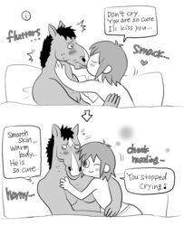  anthro bed bojack_horseman bojack_horseman_(character) clancy_gilroy clothed clothing crossover dialogue duo english_text equid equine furniture hagisawa_yui heart_symbol horse hug human kissing male male/male mammal monochrome netflix nuzzling one_eye_closed text the_midnight_gospel topless wink young 