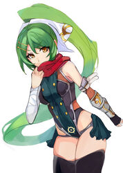  0.7_(aysatnegr) :&lt; bad_id bad_pixiv_id bandaged_arm bandages bare_shoulders belt black_thighhighs breasts closed_mouth commentary cowboy_shot female fingerless_gloves forehead frills gabriel_(monster_strike) gloves green_hair hair_ornament hairclip hand_up high_ponytail highres looking_at_viewer monster_strike ninja parted_bangs red_scarf scarf single_fingerless_glove solo taimanin_suit thighhighs v-shaped_eyebrows yellow_eyes 